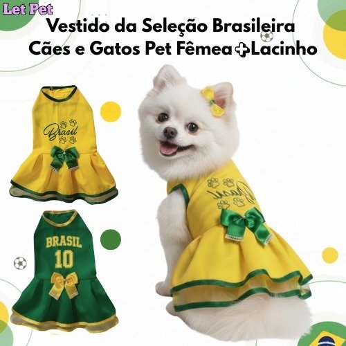 Vestido Brasil Verão Porte Pequeno a Médio Calor Roupa Pet Roupinha Para Cachorro Com Lacinho
