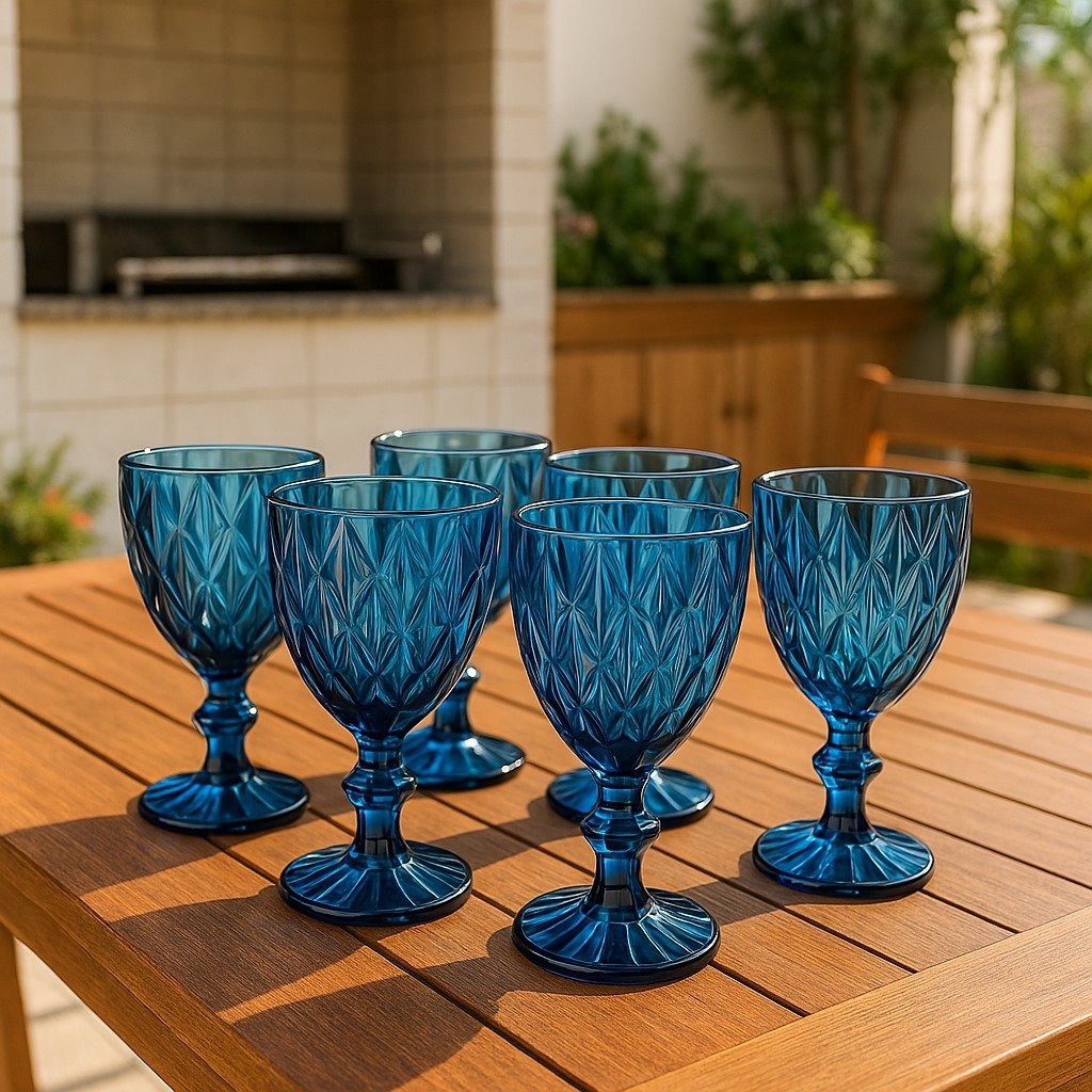 Jogo 6 Taças de Vidro Diamond Água Suco Vinho 340ml Azul Premium Mesa Posta Sofisticada