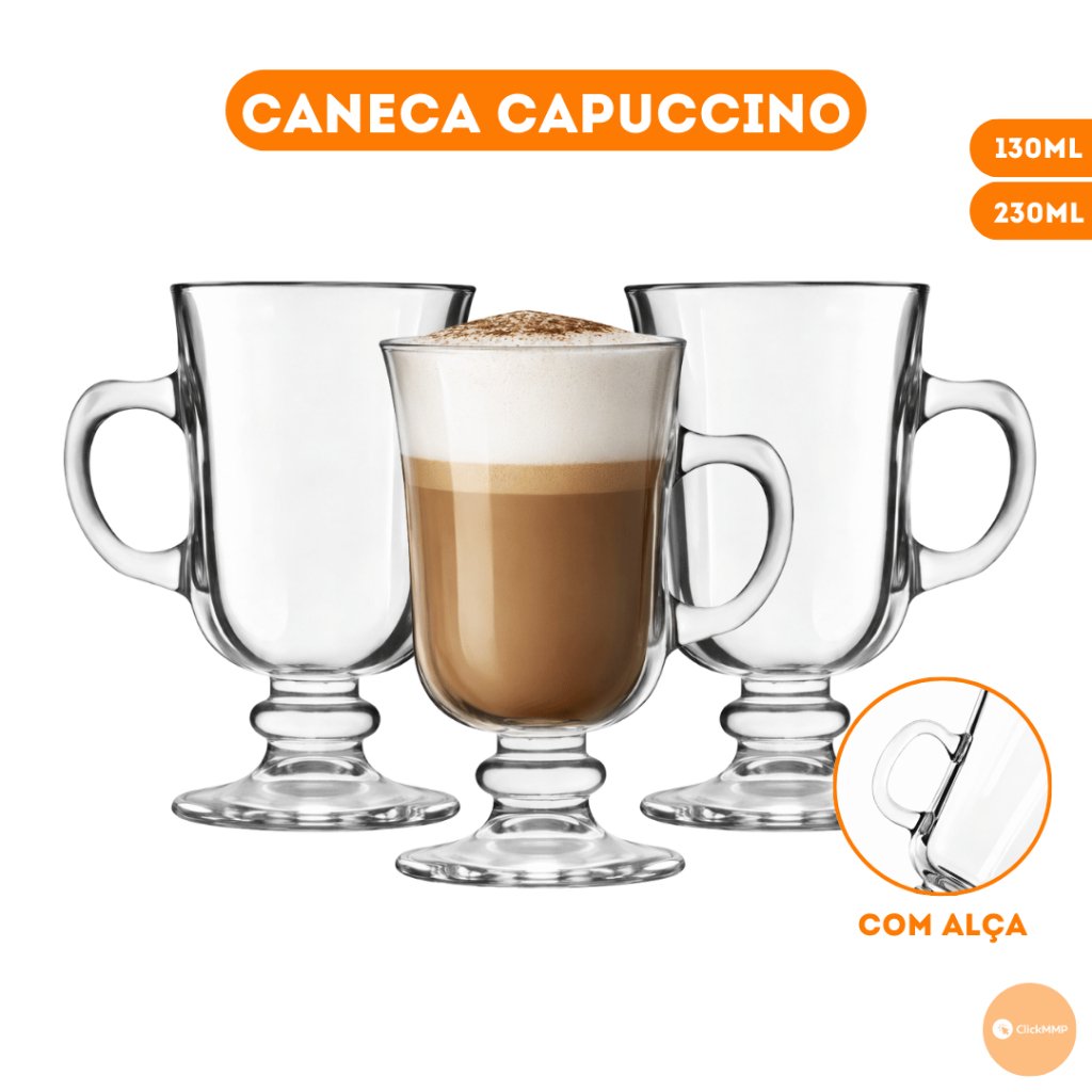 Kit 3/6 Canecas Vidro Capuccino Versátil Premium Com Alça 130ml/230ml