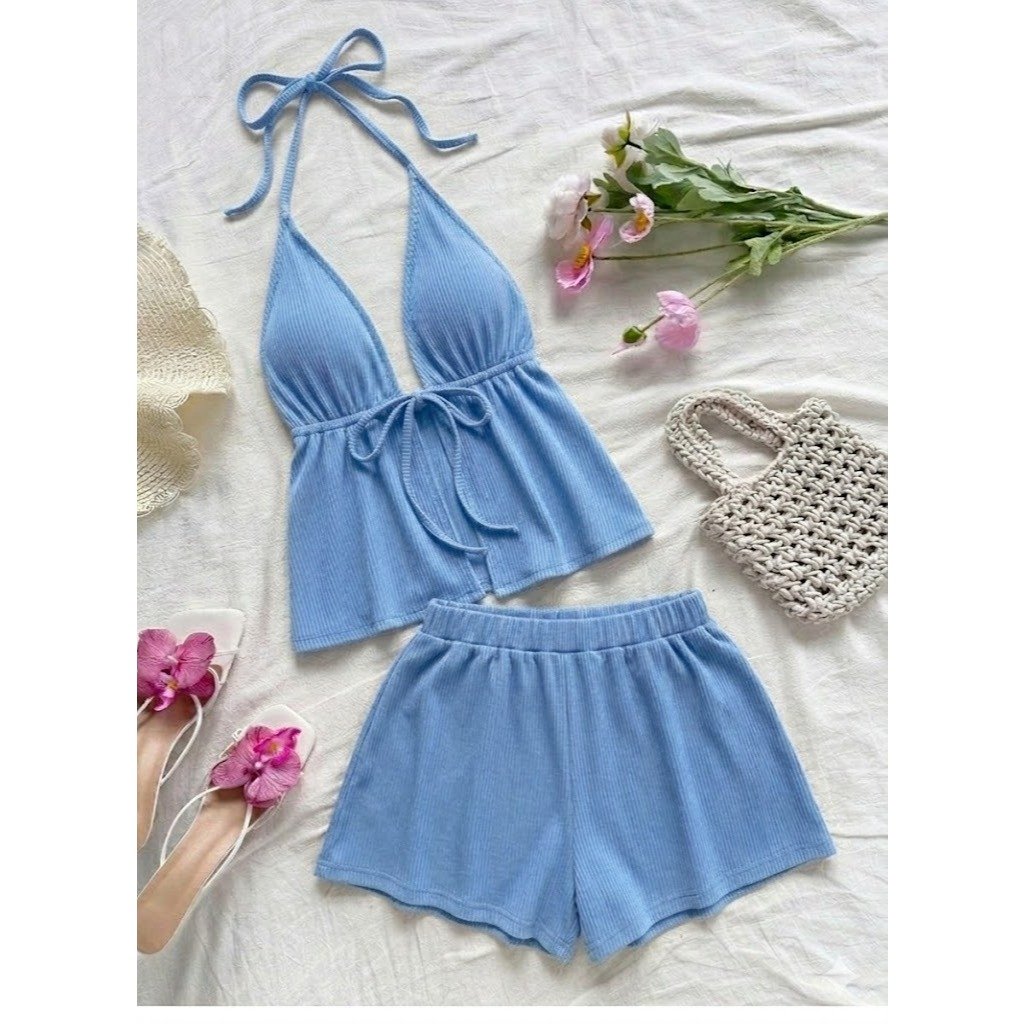 Conjunto Feminino Lisa Blusinha Amarração + Short Curto Soltinho Ribana Moderno Estiloso Moda Verão