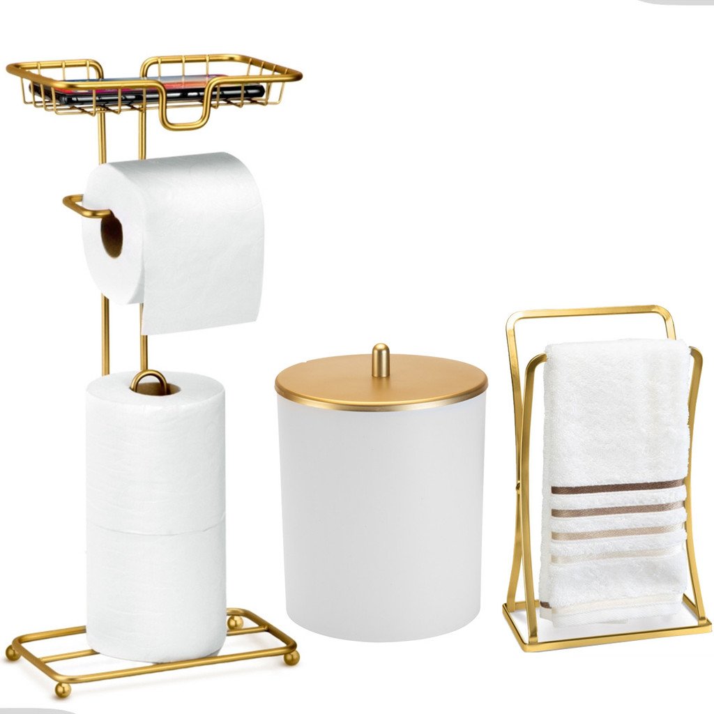 Kit Acessorios Lavabo Banheiro Toalha Rosto Porta Papeleira E Celular Luxo Dourado Arthi