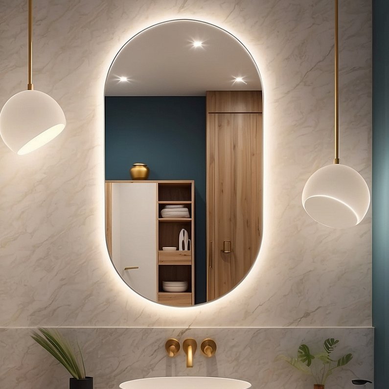 Espelho Oval Grande Com Led Frio e Quente 80x50cm Para Sala Banheiro e Quarto + Kit de Instalação