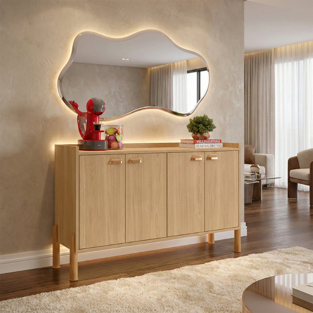 Aparador Chicago Organizador 4 Portas +  2 Prateleiras Internas  Puxador Concha Pés PVC Antiumidade  Chicago