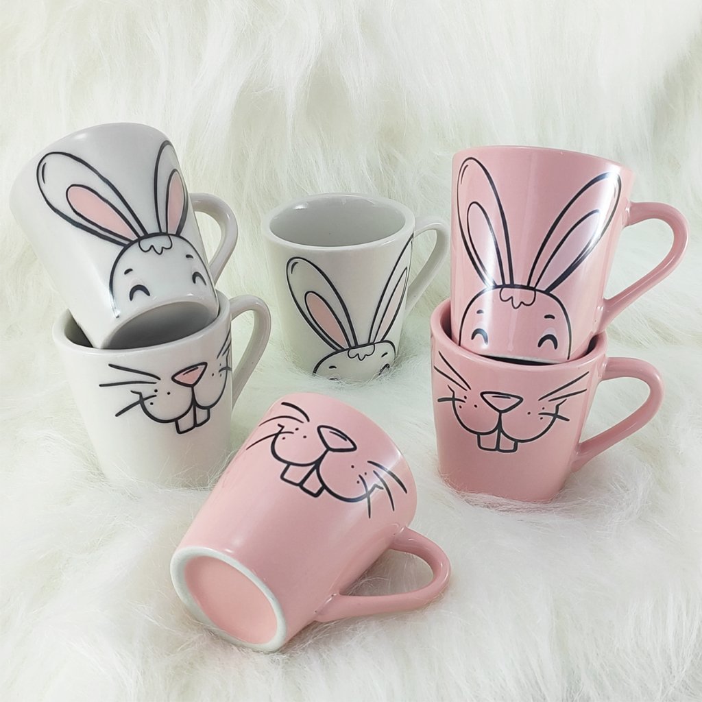 Jogo Kit 6 Xicaras Porcelana Cônica Tulipa 120ml Páscoa Sortidas rosto Coelho