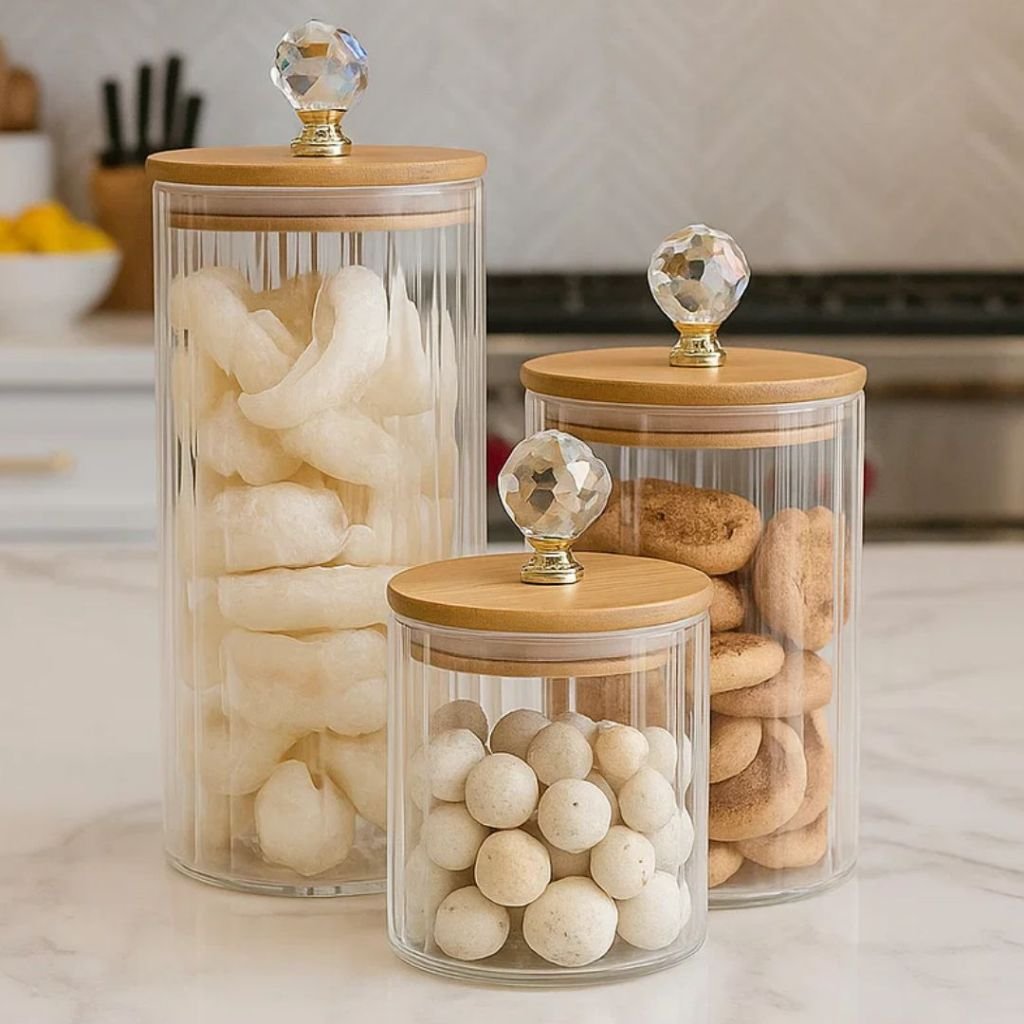 Kit 3 Potes Herméticos de Vidro Canelado Tampa Bambu Luxo P/ Mantimentos C/ Vedação