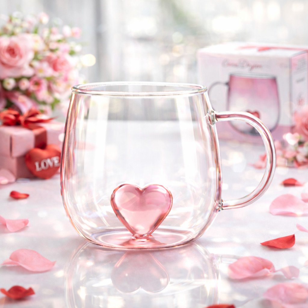 Caneca Coração 400ml Vidro Borossilicato Premium – Presente Romântico Dia das Mães / Namorados