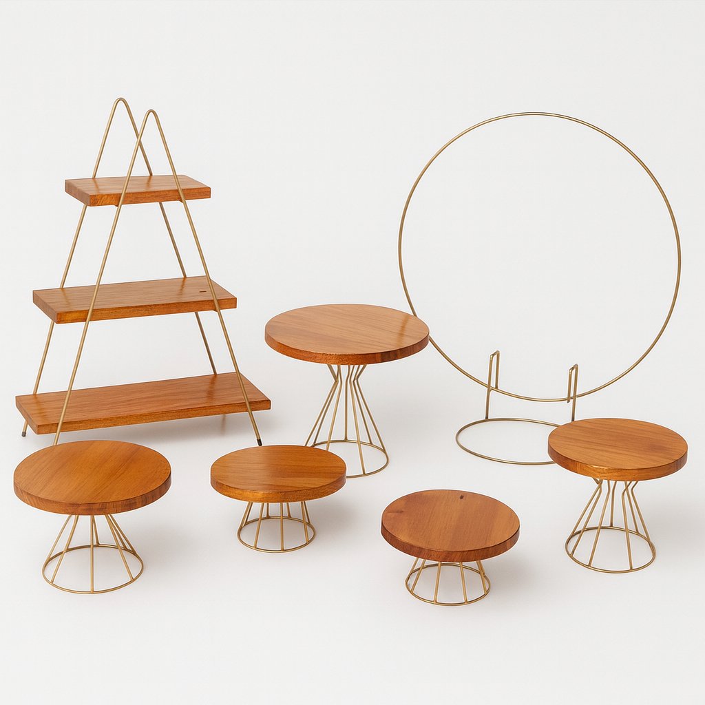 Kit 5 Boleiras + 1 Doceira Escada Festa Em Ferro e Madeira Pinos Tamanho G, M ,P Decoração Festa Infantil