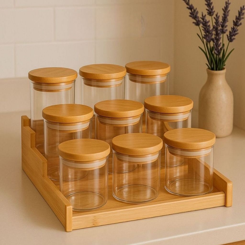 Kit 6 Potes Para Tempero 200ml Vidro Hermético Tampa Bambu Alta Vedação Mantimentos