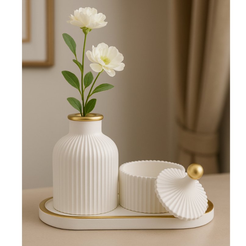 Kit Decorativo com Detalhe Dourado 3 Peças Vaso Bandeja e Porta Objetos