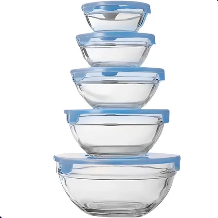 Conjunto 5 Potes Tigelas Vasilhas Bowls Em Vidro Com Tampa