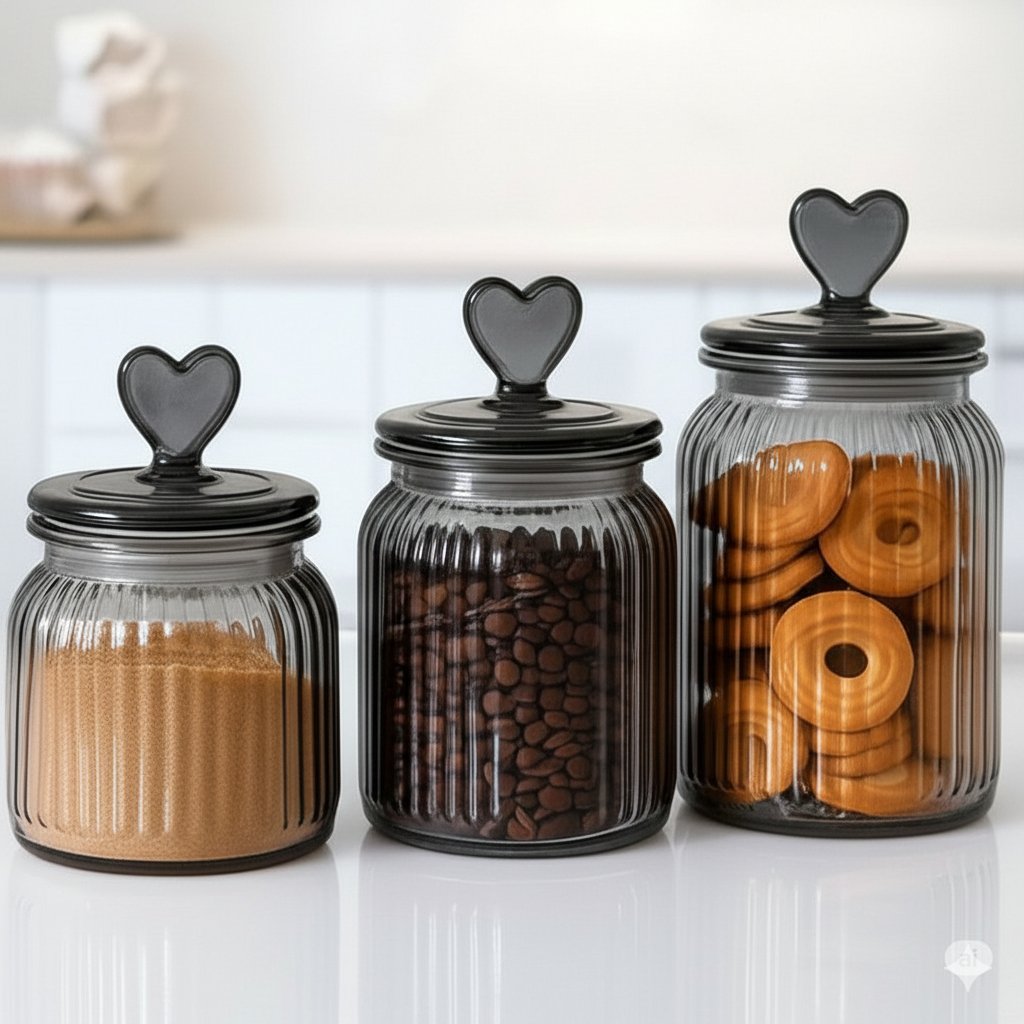 Pote Hermética de Vidro com Tampa de Coração Porta Balas/Doces/Grãos 620mL/950mL/1350mL