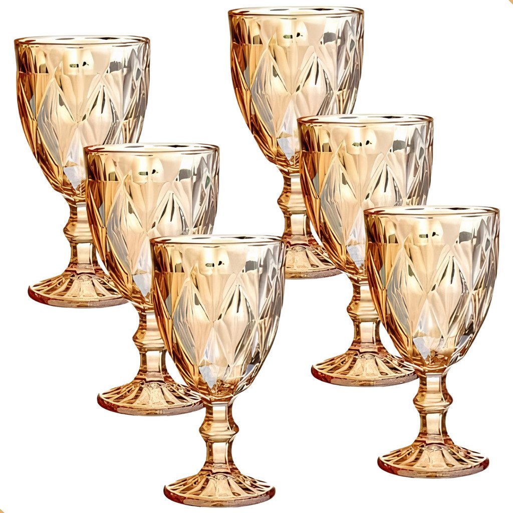 Jogo de 6 Taças de Vidro Diamond Transparente Ambar Furta Cor Verde Azul Fume Bico De Jaca 330ml