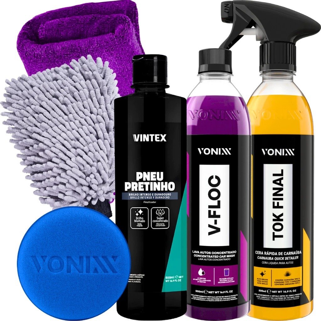 Kit Pneu Pretinho Shampoo V-Floc Cera Tok Final Carnauba Vonixx