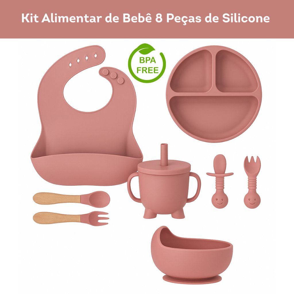 Kit 6/8 Peças Introdução Alimentar Silicone Bebê Talheres Babador Prato Ventosa Colher Garfo