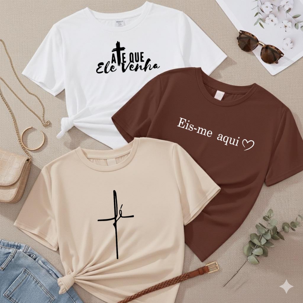 Kit 3 T-Shirt Feminina Estampada Camiseta Cristã Fé 100% Algodão Envio Imediato