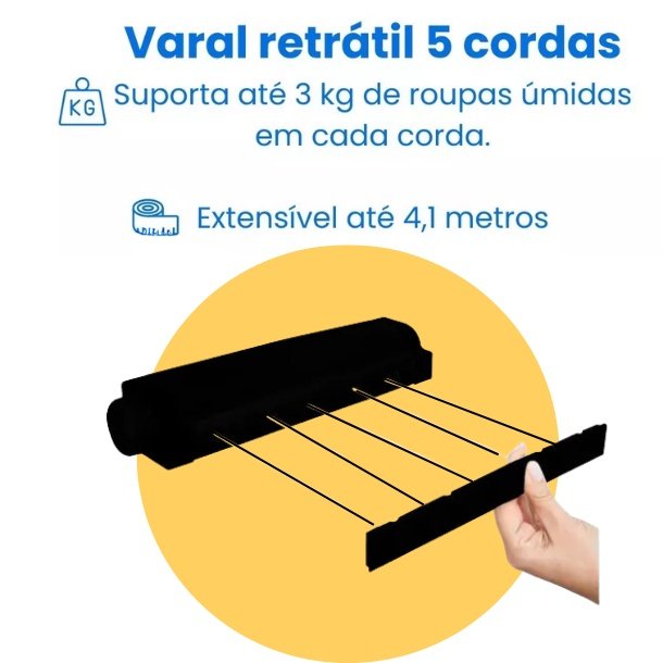 Varal Roupas Recolhivel Automatico Rotoflex Secalux Preto Facil Fixacao de Parede 5 cordas Resistente Ate 3kg Discreto