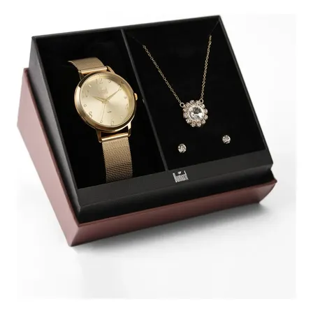 Kit Relógio Feminino Dumont Dourado - Du2035mon/k4x Fundo Champagne