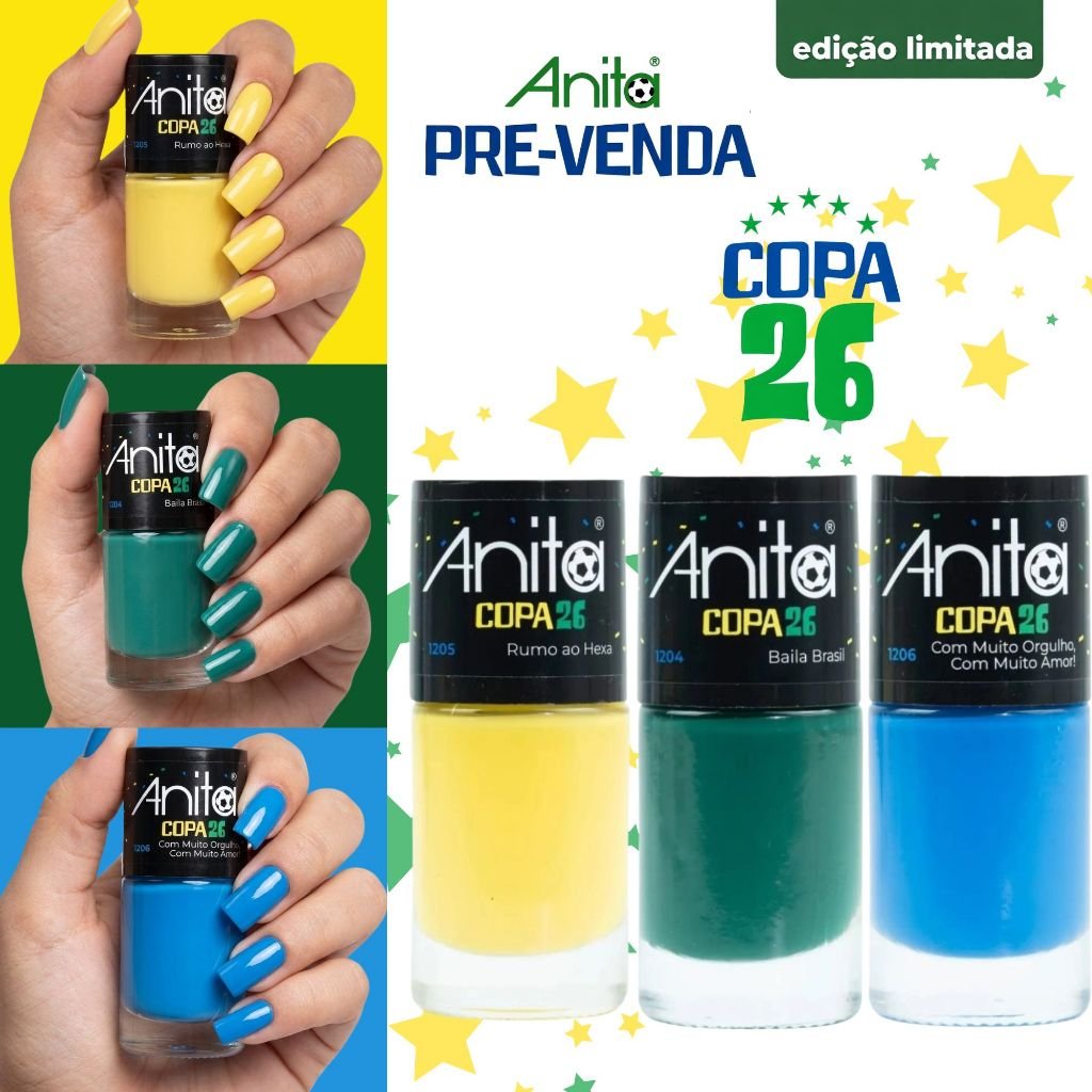 Kit 3 Esmaltes Anita Coleçao Copa do Mundo Tons Amarelo Azul Verde Cremoso Esmalte Atacado Copa 2026