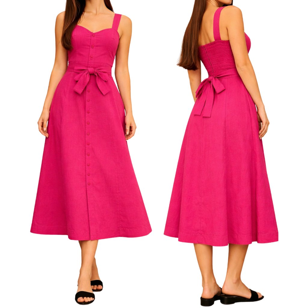 Vestido Midi Feminino com Laço na Cintura Botões Frontais Moda Elegante Tendência