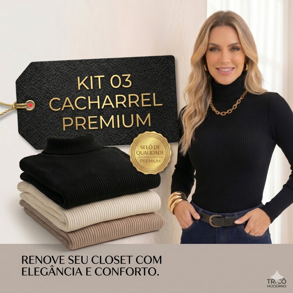 Kit 3 Blusa de Frio Cacharrel Feminina Inverno Blusa Gola Alta Tricot Moda Frio