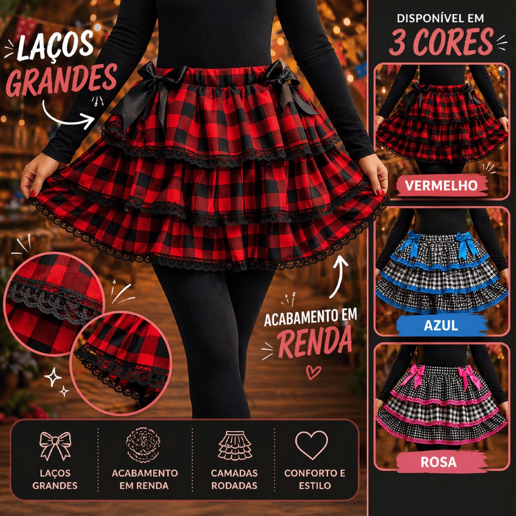 Saia Festa Junina Xadrez Luxo Feminina Adulto Juvenil Caipira São João Quadrilha Rodada Com Babados