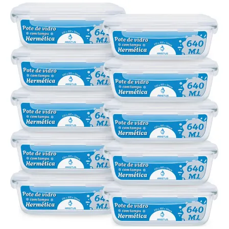 Kit 10 Potes Vidro Hermético Aristus 640ml Marmita Anti Vazamento Forno Micro-ondas Freezer Tampa 4 Travas - Branco