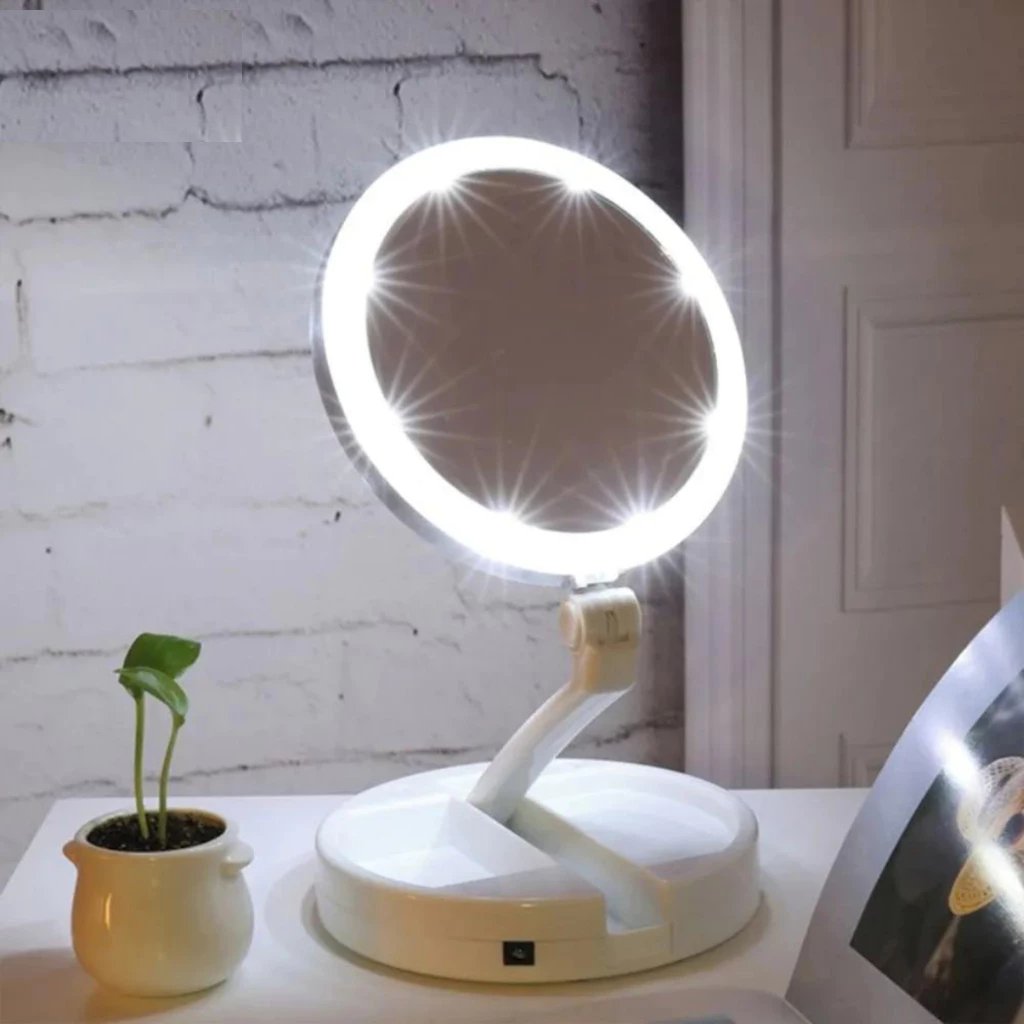 Espelho Com Led De Mesa Com Aumento 10x Led Luz Dobravel Maquiagem Usb Organizador Beleza