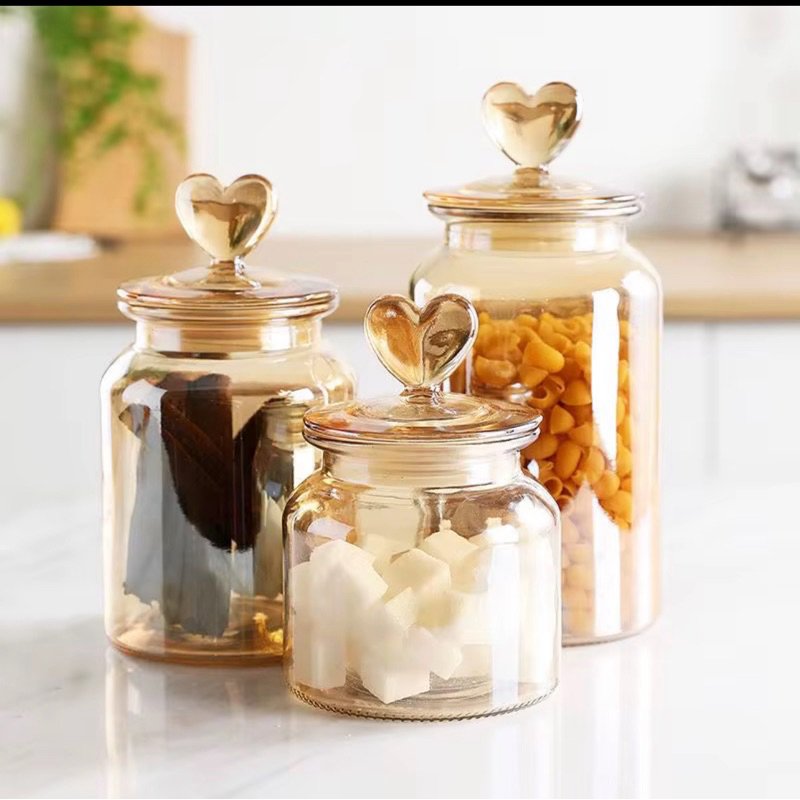 Pote Vidro Âmbar Hermético Decor Afeto Coração