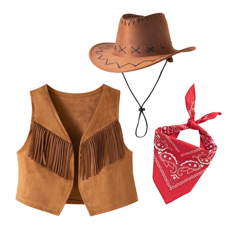 Roupa De Cowboy Para Crianças Menino Borla Colete Marrom Cachecol Conjunto De Chapéu Fantasia Tema De Aniversário Cospla