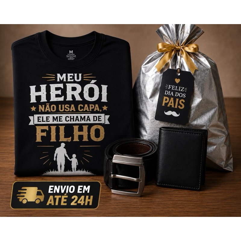 🔥 KIT DIA DOS PAIS COMPLETO – Camiseta + Cinto + Carteira + Embalagem Presente 🎁