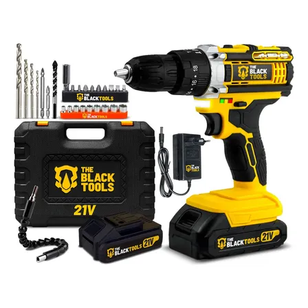 Furadeira Parafusadeira De Impacto 21v Com 2 Baterias Velocidade Ajustável 3/8 10mm Maleta E Acessorios Profissional The Black Tools