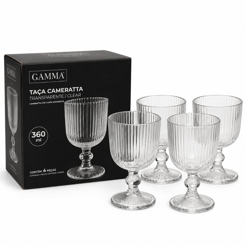 Jogo 4 Taças Cameratta 360ml Vidro Transparente Canelado Água Suco Drink Mesa Posta Gamma Luxo