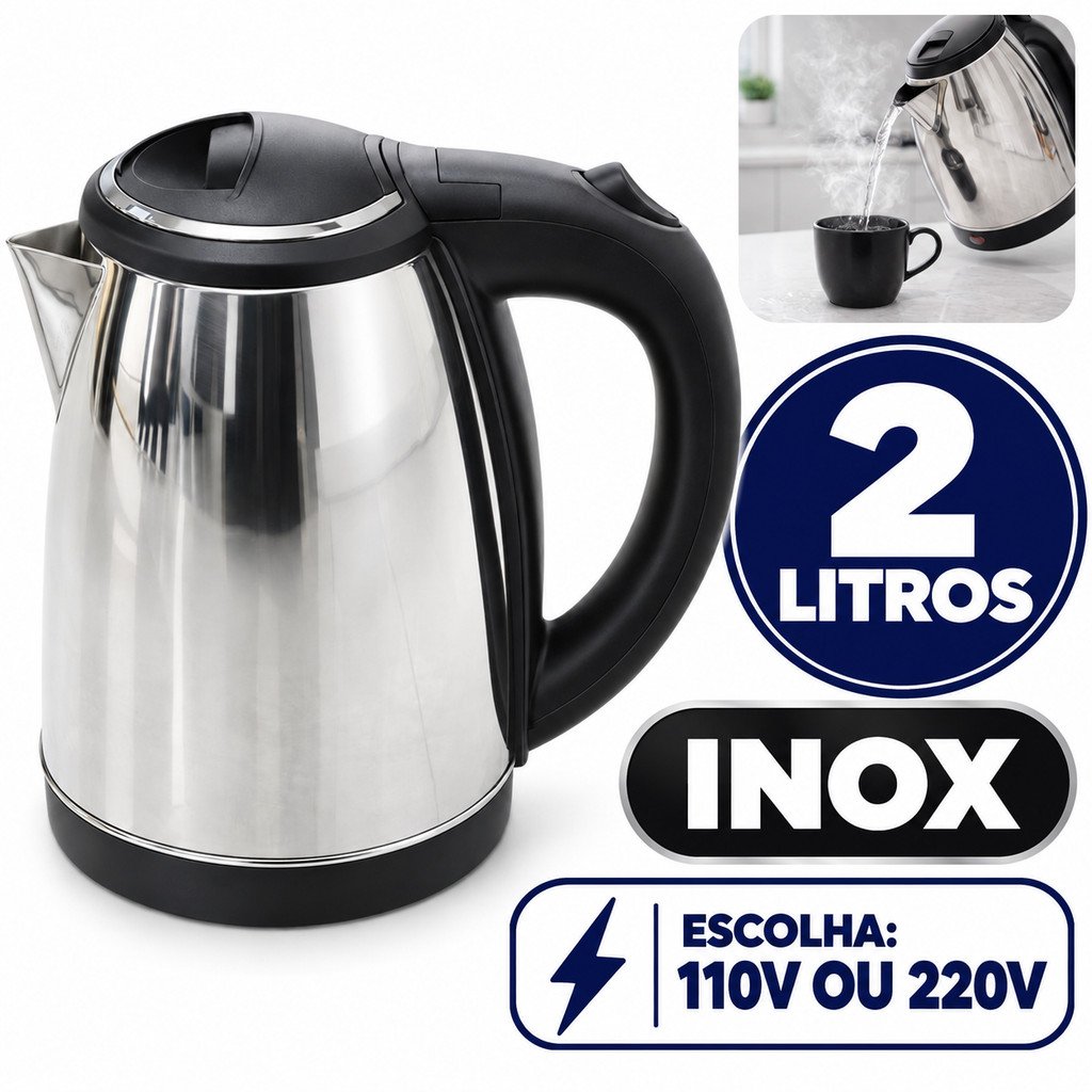 Chaleira Elétrica Inox 2 Litros Jarra Térmica Esquenta Chá Ferve Água Super Rápido 110v ou 220v