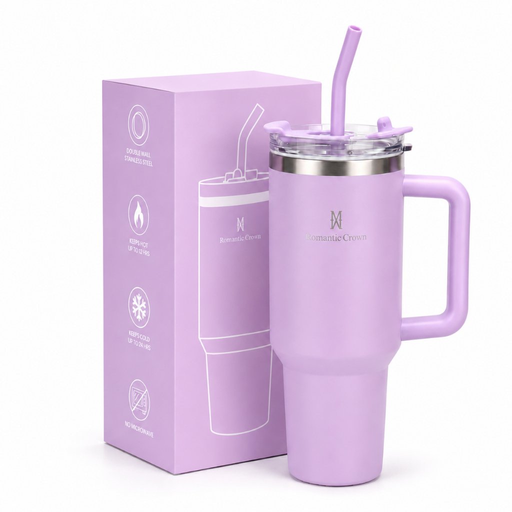 ROMANTIC CROWN Copo Térmico Inox Portátil 1200ml/600ml com Tampa e Canudo Garrafa Térmica Inoxidável