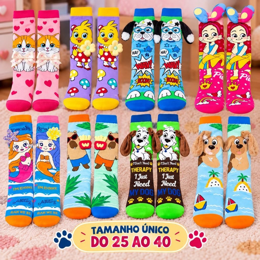 Meia Infantil Divertida 25 ao 40 3D Cano Alto Menina Menino Colorida Confortável Personagens Criativos